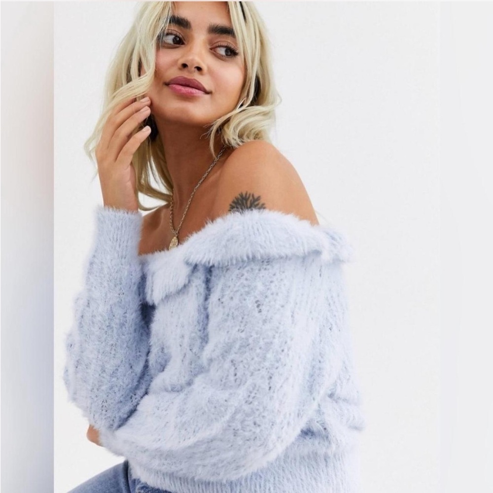 Miss Selfridge Petite Off-the-Shoulder Sweater Light Blue sz 2p